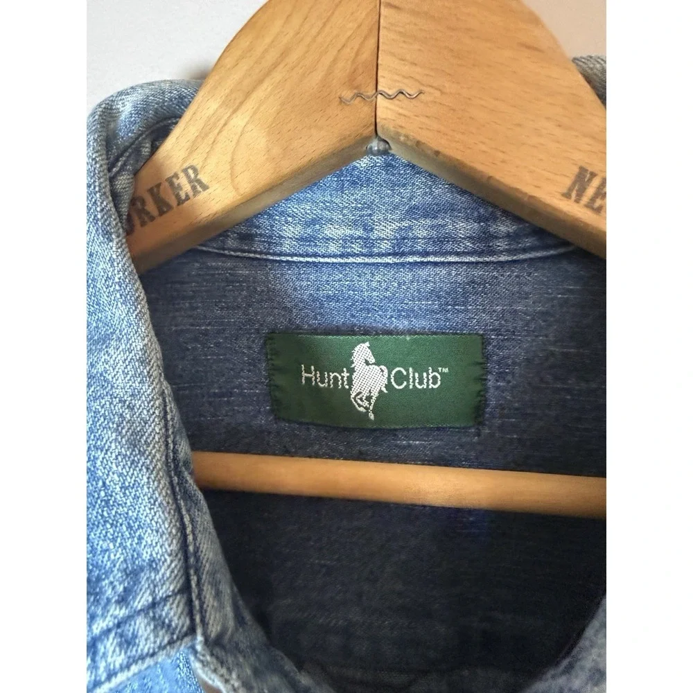Vtg 90s Hunt Club blue denim jean shirt Long Sleeve Large 16-16 1/2 - Picture 2 of 6